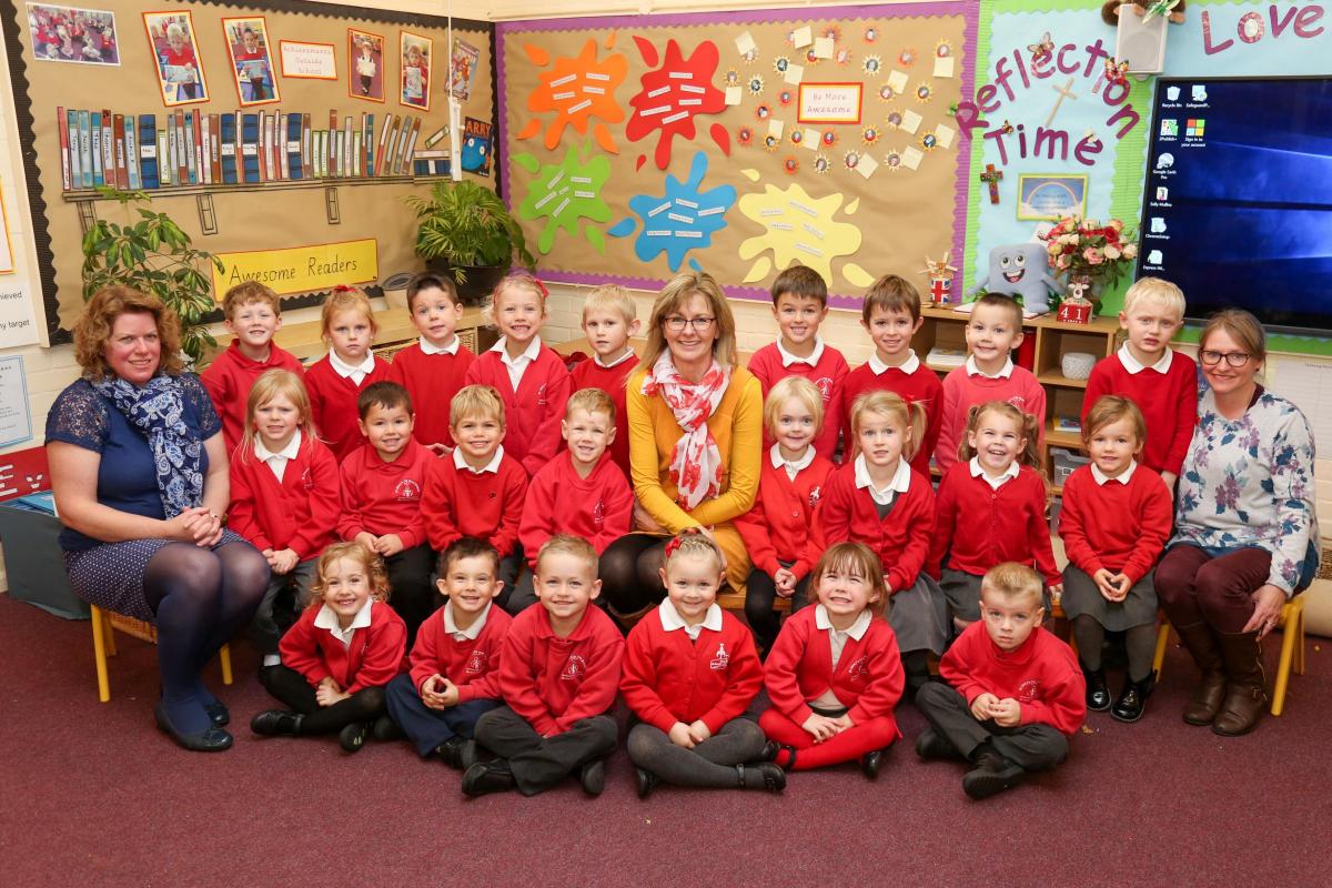 Reception children in Wrens class at St Mary's C of E  First School in West Moors with teacher Jane Lilley, centre, and TA's Liz Dunn and Sally Mullins