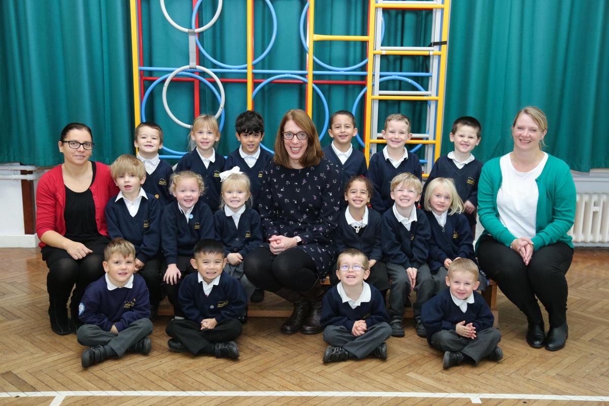 Reception children in Butterfly class at Heathlands Primary Academy with teacher Tracy Treen, centre, and TA's Cristina Marques and Katherine Zschaeck.