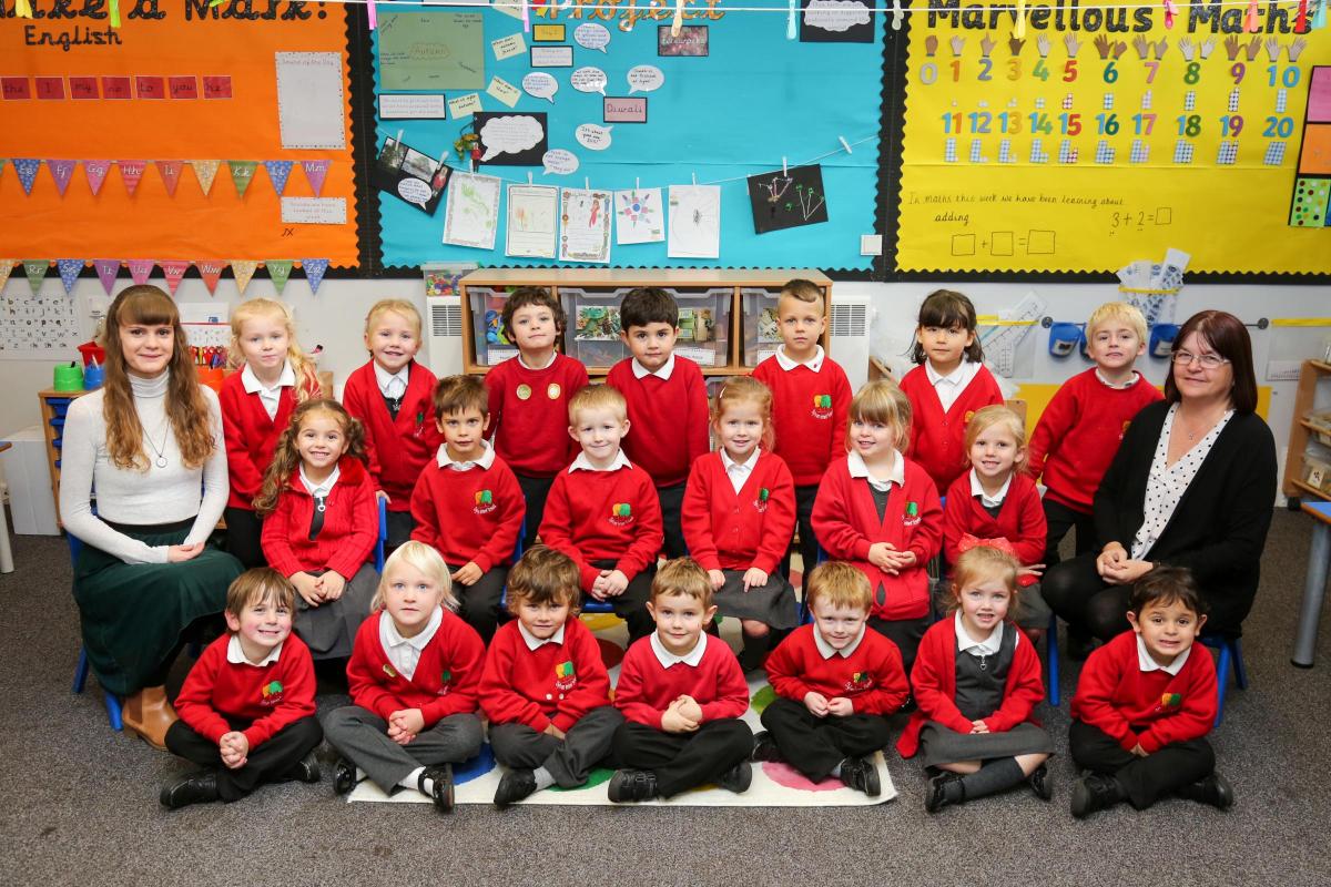 Reception children in Fir class at Sylvan Infant School in Poole with teacher Jodie Robus and TA Lara Steel.