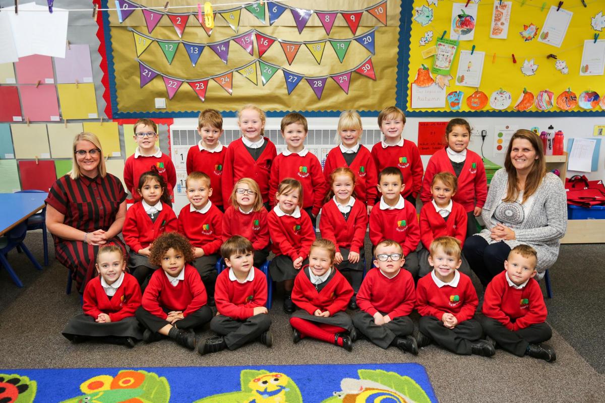 Reception children in Elm class at Sylvan Infant School in Poole with teacher Jo Cross and TA Emma Powell.