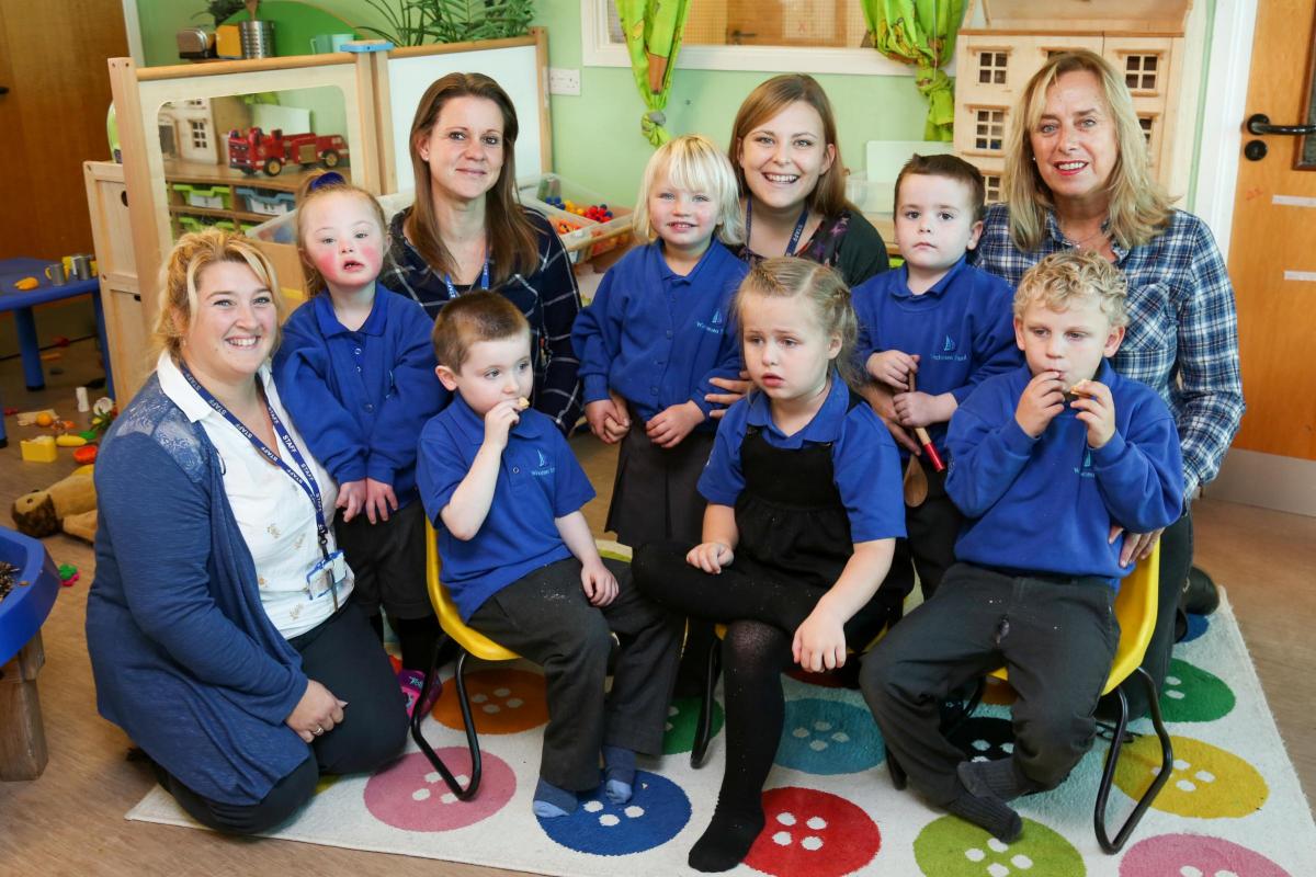 Reception children in Ocean class at Winchelsea school with staff, from left, Cheryl Brown, Claire Sammars, Hannah Dixon and Beverley Taylor