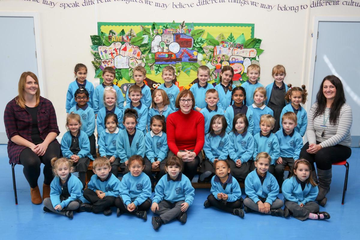 Reception children in Seahorses and Starfish classes  at Old Town Infant school and Nursery in Poole with teachers Caroline Chase, centre, and Nikki Mathieson, right, and TA Sam Pearson, left.