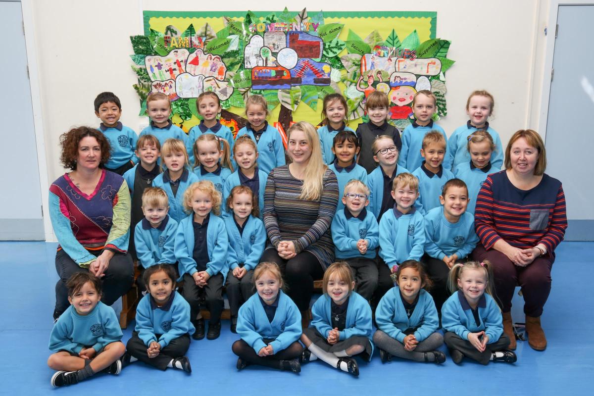 Reception children in Angelfish class at Old Town Infant school  and Nursery in Poole with teacher Aysha Donald and TA's Bel Noyes and Michelle Collumbine