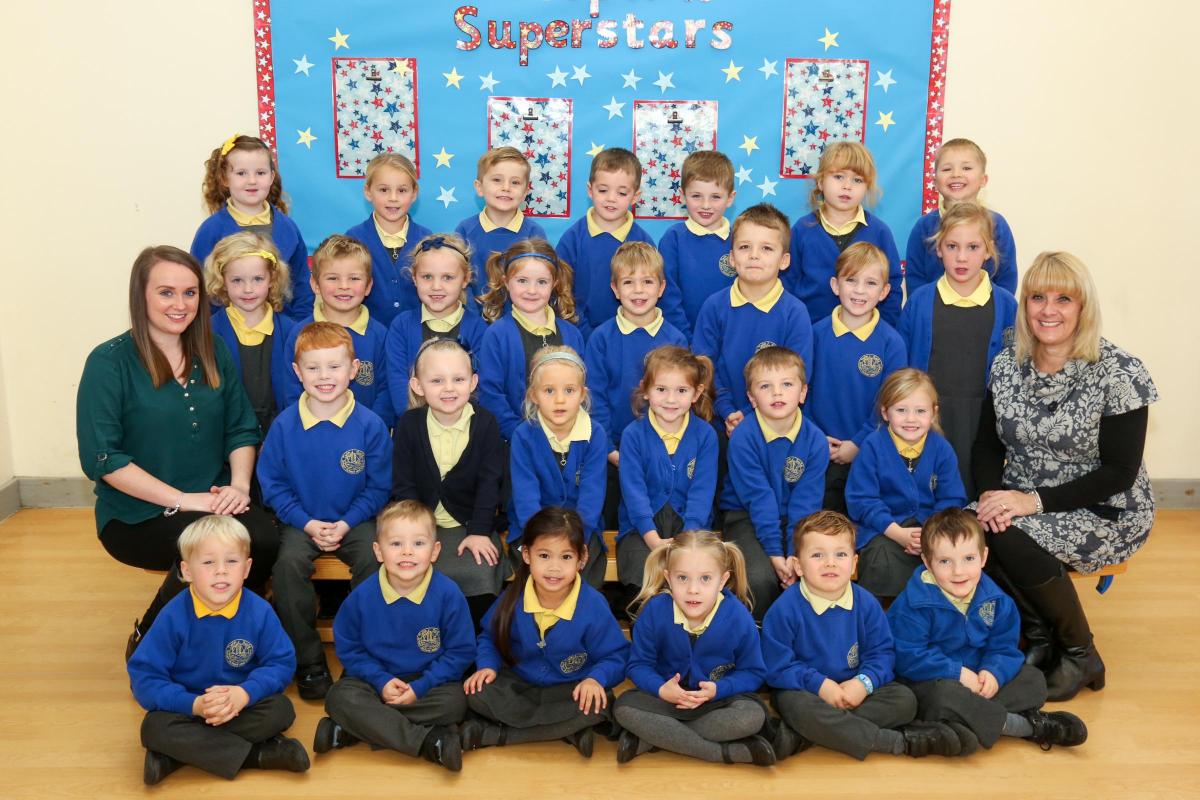 Reception children in Jellyfish class at Twin Sails Infant school in Hamworthy with teacher Kayleigh Atwill and TA Allison Champion.