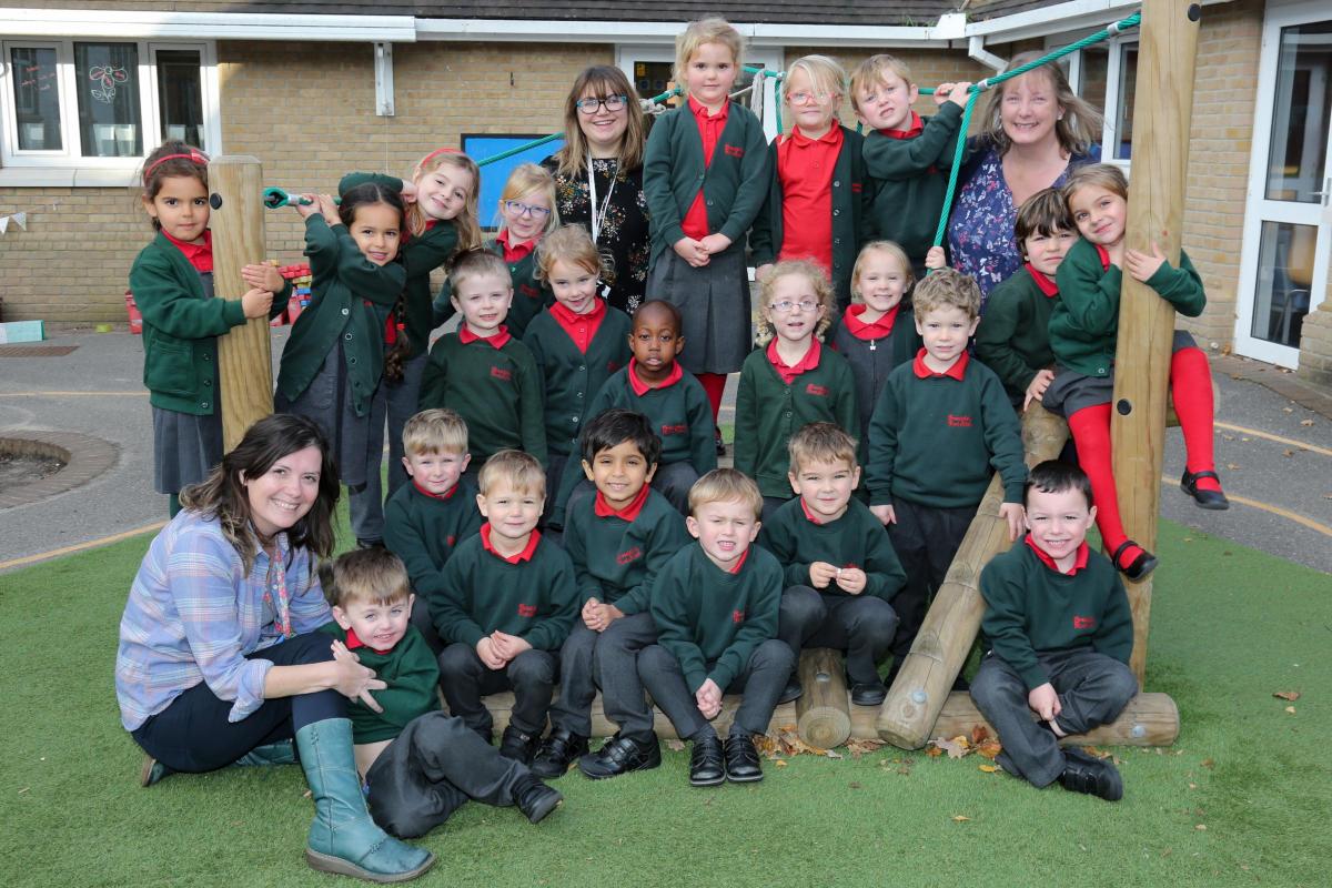Reception children in Buttercups class at Broadstone First School with teacher Julia Stone, centre, and LSA's Louise Stevens and Sue Lillyston.