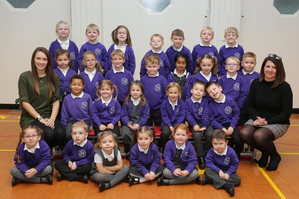 Reception children in Bumblebees class at Canford Heath Infant school  with teacher Miss Smith and TA Mrs Gould
