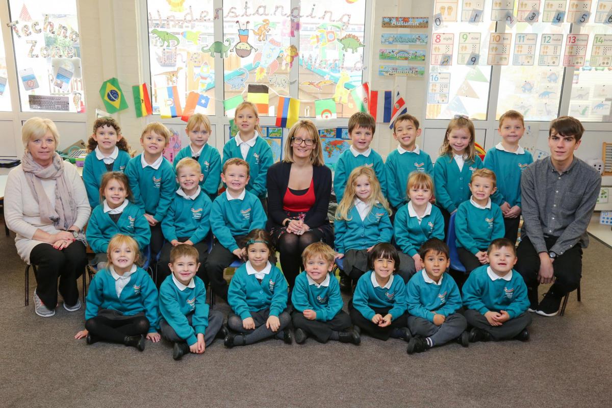 Reception children in Busybees class at Stanley Green Infant Academy  with teacher Kirsty Jordan-Gill, centre, and TA's Lin Hall and Tom Webb.