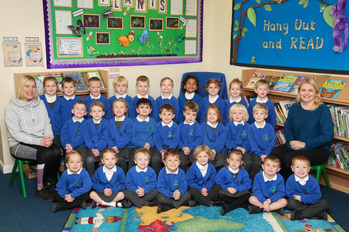 Reception children in Ladybirds class at Merley First school with teacher Kay Thomas and TA Rachel Priest