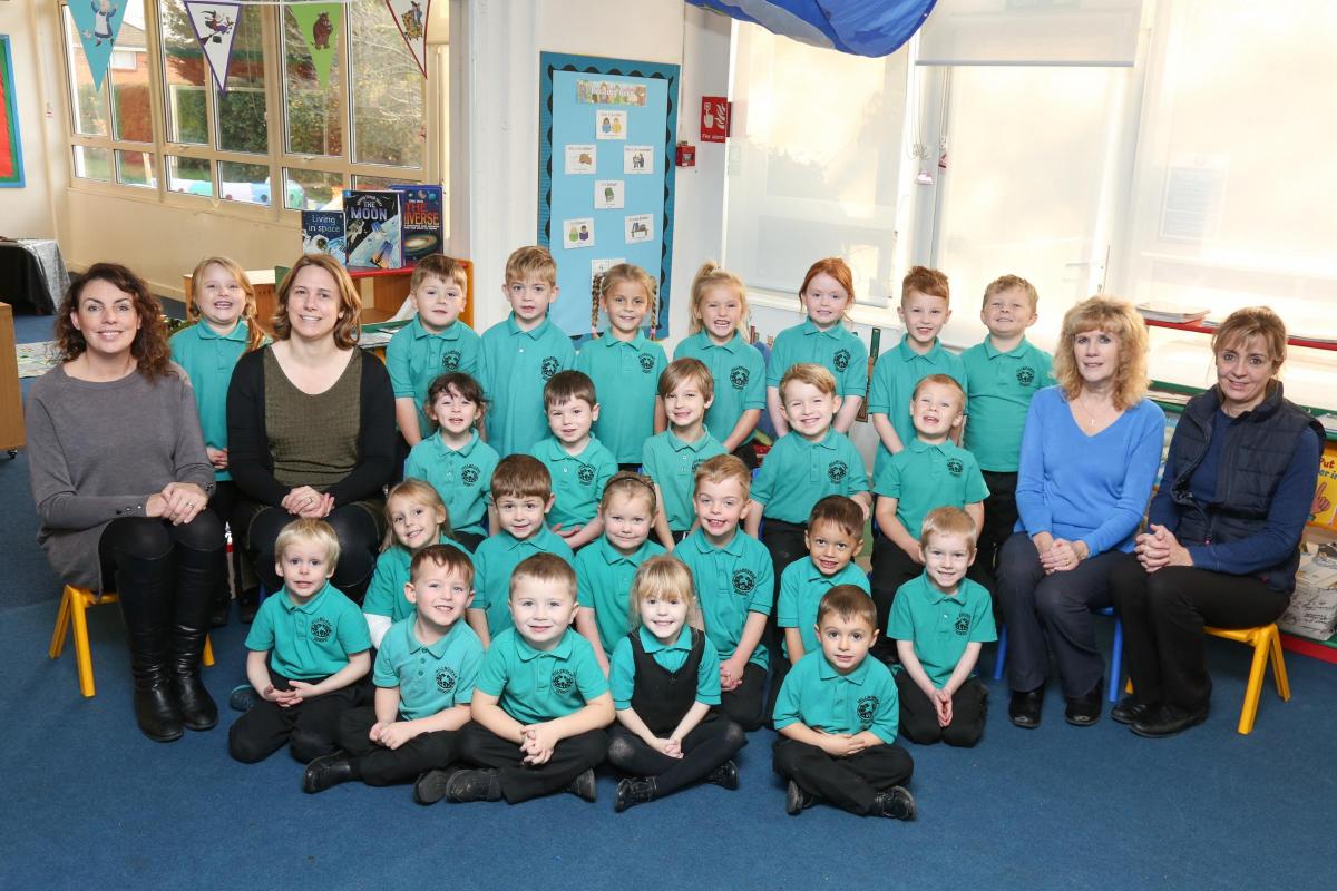 Reception children at Hillbourne Primary School in Poole with teachers Tania Ware and Tanya White and TA's Teresa Cross and Janine Carr.