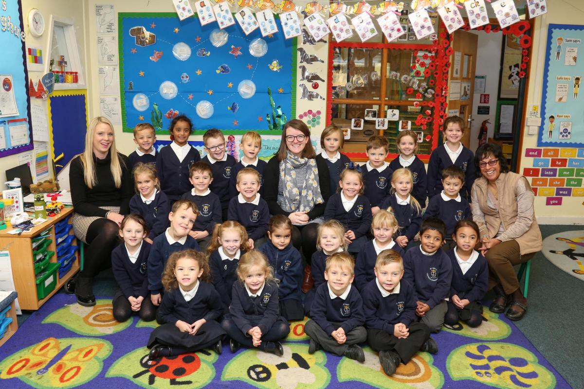 Reception children at St Mary's Catholic Primary school in Poole with teacher Carly O'Donoghue, centre, and TA's Kelly Jewell and Arlene Campbell.
