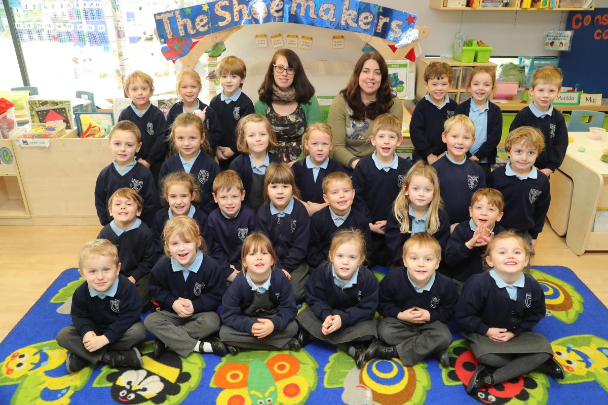 Reception class pupils at St Mary's RC School in Swanage with TA Rebekah and teacher Louise Gray. 