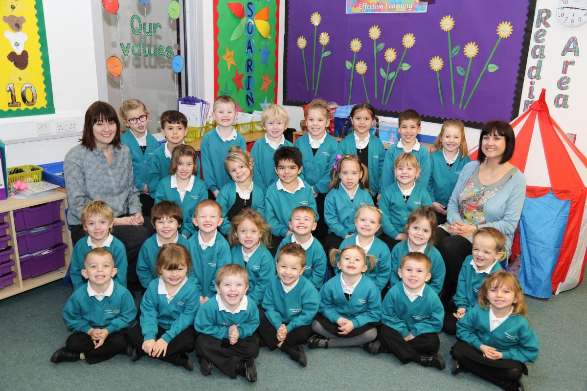 Reception children in Acorns class at Sandford St Martin's CE Primary School with teacher Jane Abrahams and TA Tanya Willis.