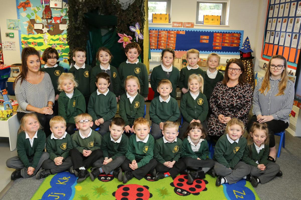 Reception children in Ducklings class at St Mark's CE Primary School in Swanage with teacher Lisa Cooper, 2nd right, HLTA Sophie Williams, left, and apprentice Jess Hoppe.