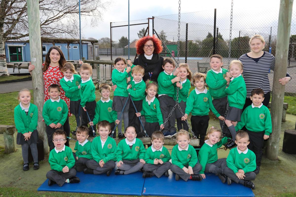 Reception children in Ladybirds class at Wareham St Mary's CE  Primary School with teacher Hayley Fowler and TA's Jo Burbidge and Julie Maguire.