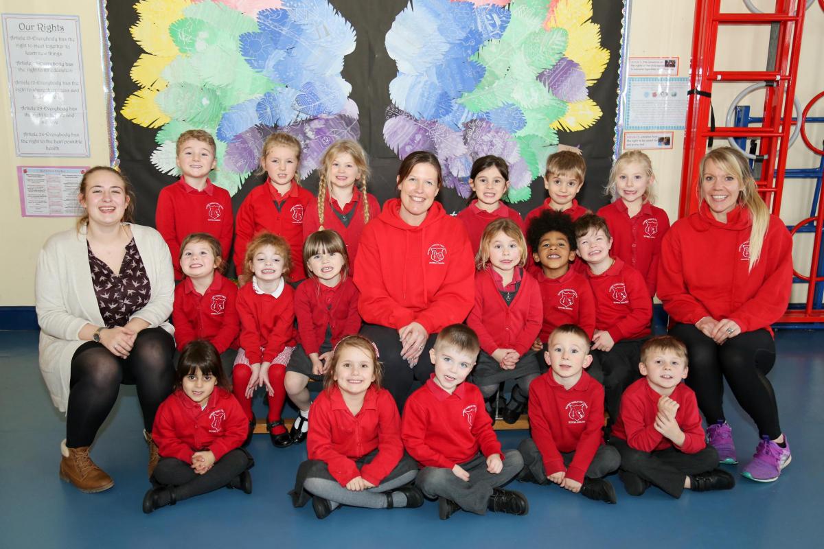 Reception children at Sixpenny Handley CE First School with teacher Rachael Hampshire, centre, and TA's Selina Darby and Katie Keeble.