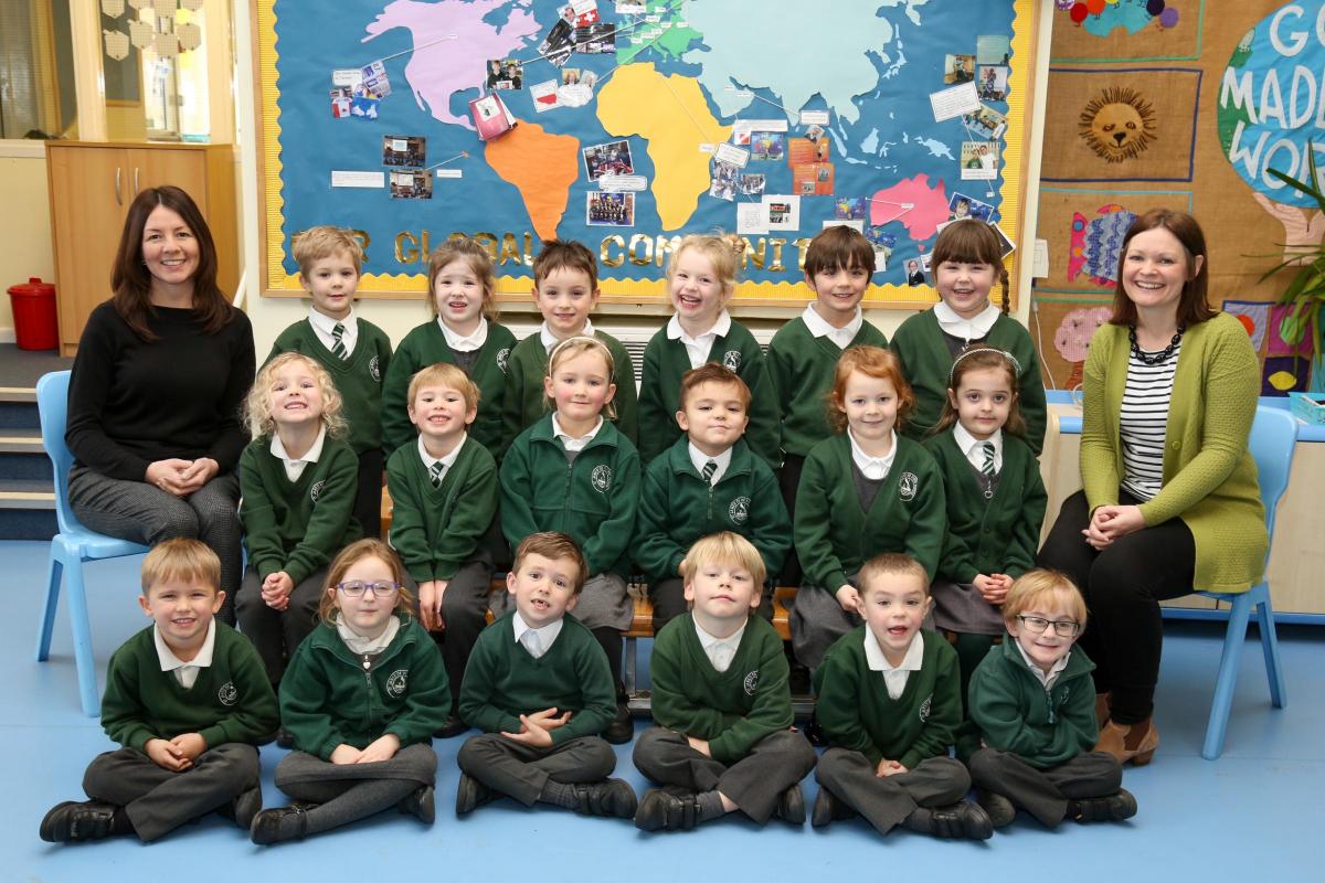 Reception children in Ocelots class at St James' CE First School in Gaunts Common with teacher Amanda Walker, right, and TA Susan Alcock.