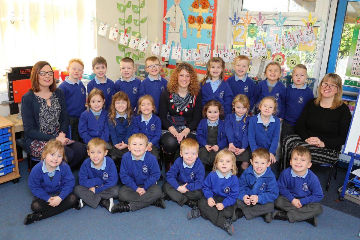 Reception children in Little owls class at Hillside First School  in Verwood with teacher Paula Mills, centre, and TA's Rachel Rogers and Sandra Coates.