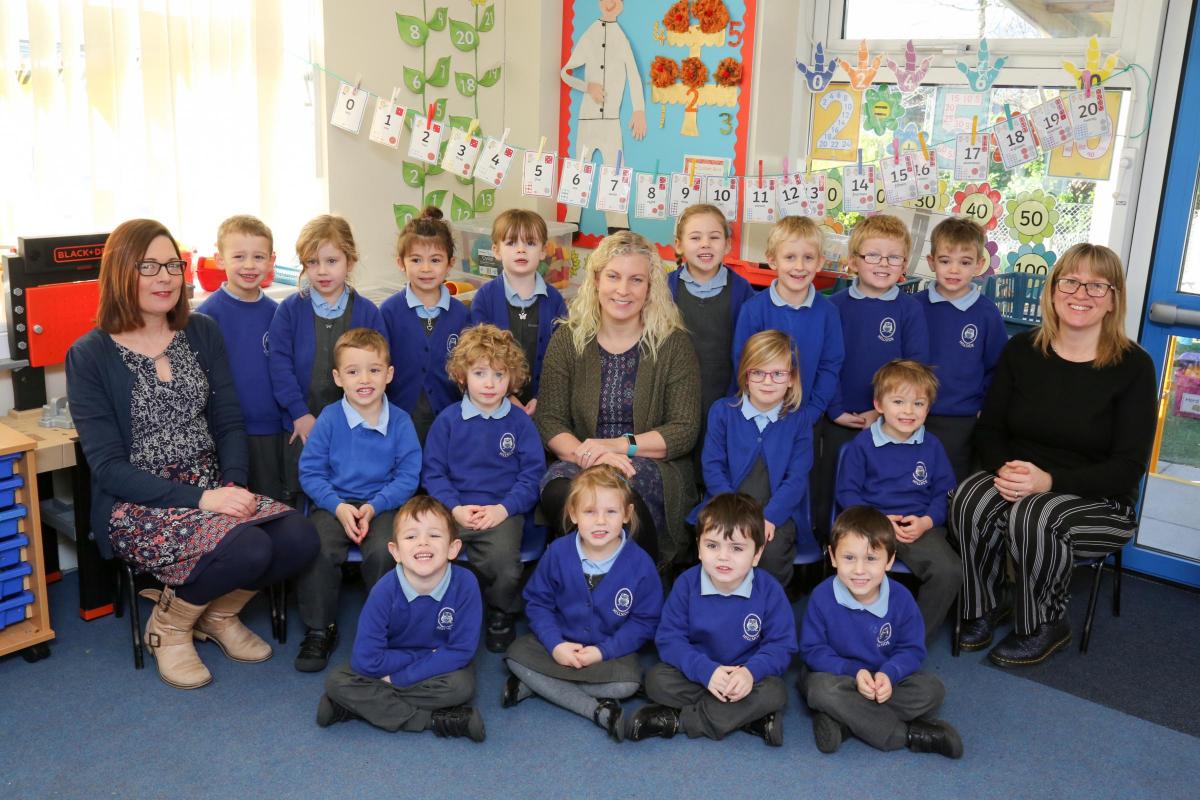 Reception children in Little owls class at Hillside First School  in Verwood with teacher Kelly Riley, centre, and TA's Rachel Rogers and Sandra Coates.