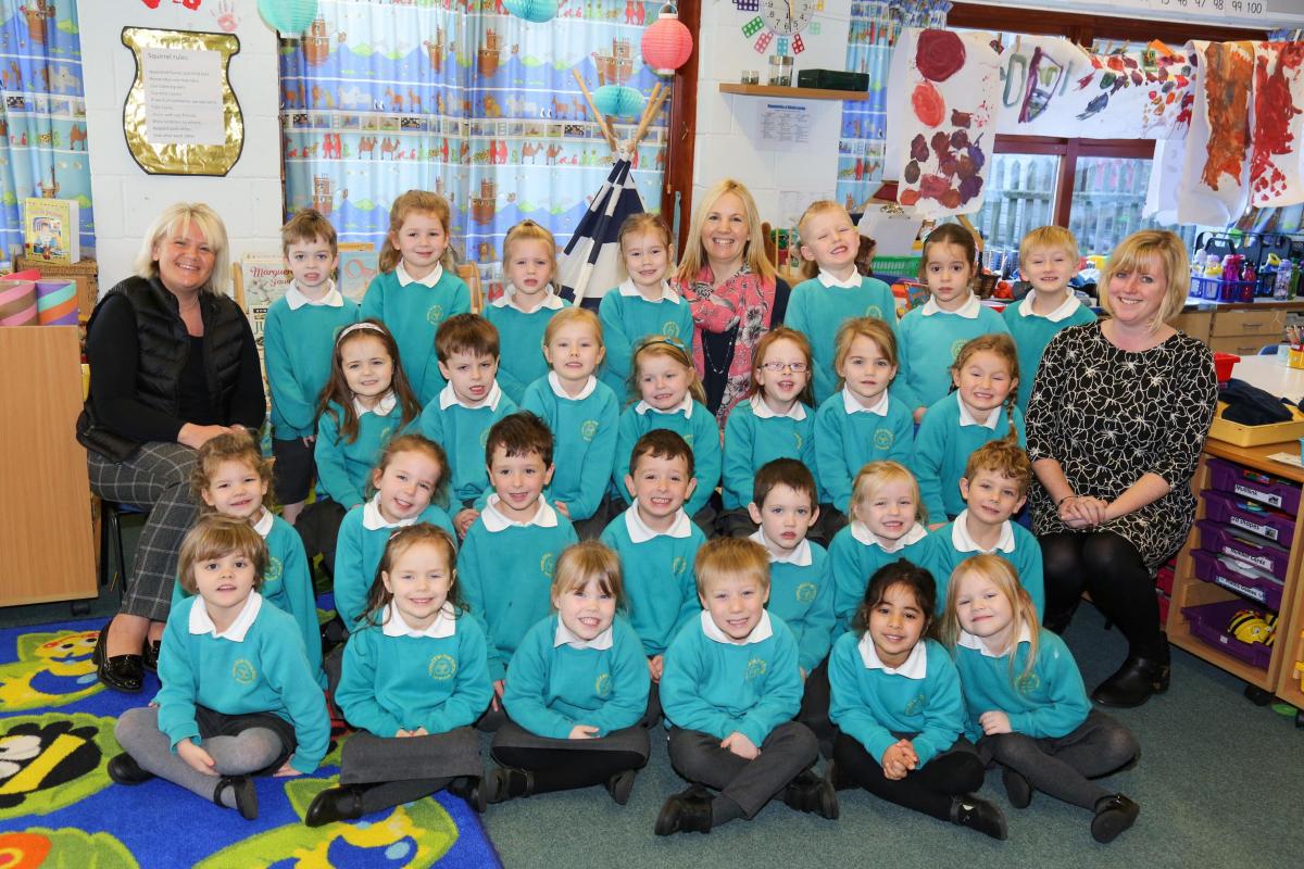 Reception children at Trinity CE First School in Verwood with teacher Mrs Stephenson, centre, and TA's Mrs Webber and Mrs Hawkins.