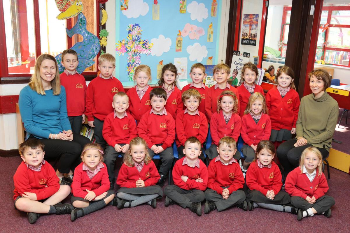 Reception children in Oak base at Verwood CE  First School with teacher Alison Nix and TA Sarah Altier.