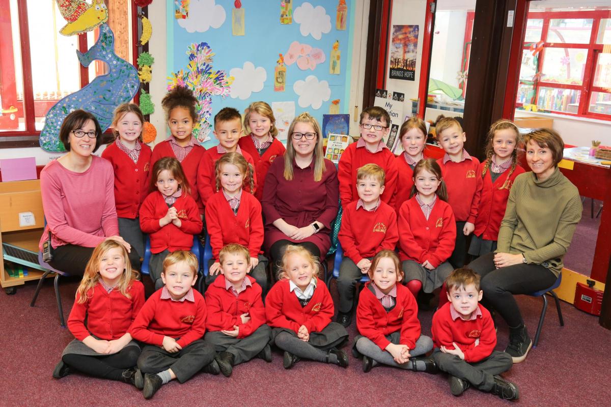 Reception children in Oak base at Verwood CE  First School with teacher Courtney Sweeney, centre, and TA's Carolyn Clein and Sarah Altier.