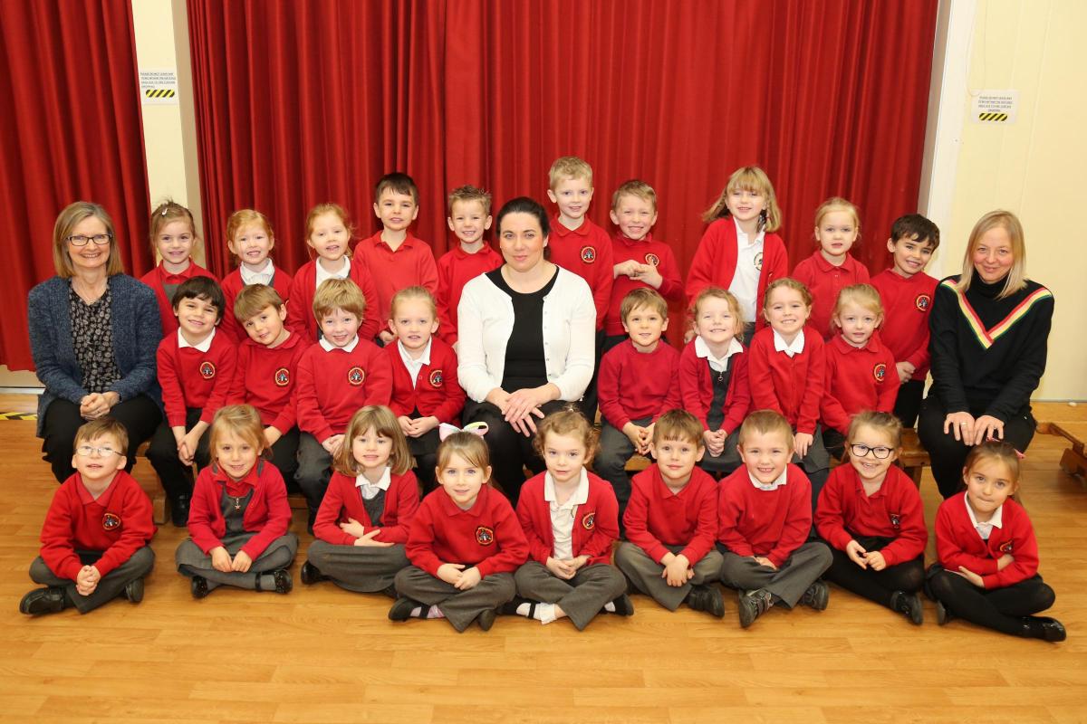 Reception children in Starfish class at Archbishop Wake CE Primary School with teacher Melanie Lang, centre, and TA's Carol Lucas and Clare Skakich.