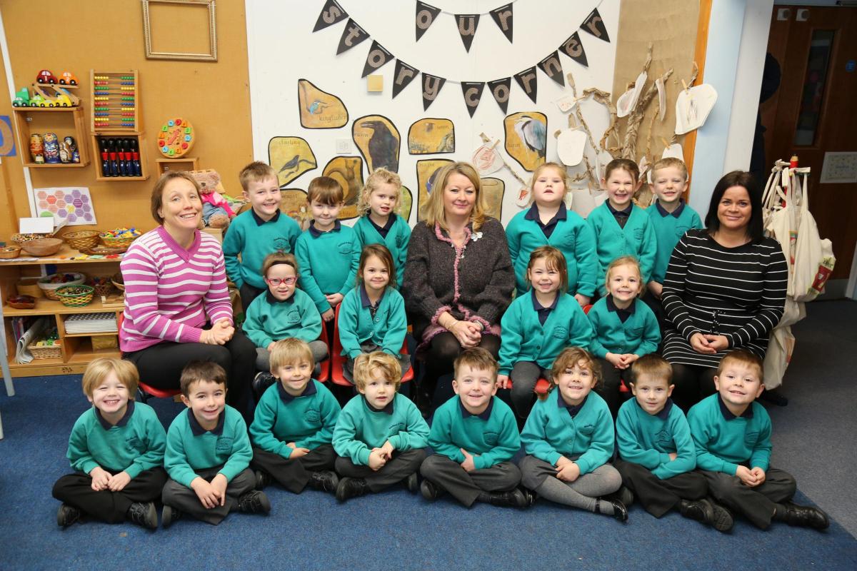 Reception children at Blandford St Mary CE Primary School with teacher Susan Flavell, centre, and TA's Dawn Hoey and Rebecca Millband.
