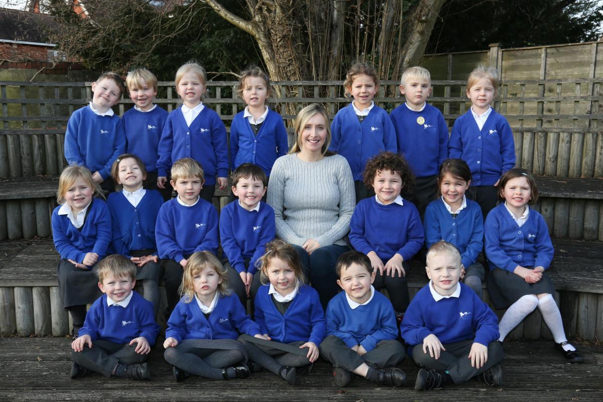 Reception children in Wren class at Cranborne CE First School with teacher Miss Hudson.