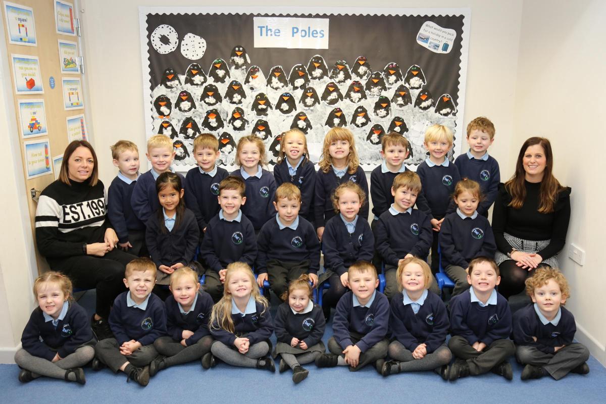 Reception children in Horse Chestnuts class at Downlands Primary school in Blandford with TA Polly Luke and teacher Jodi Loveless.