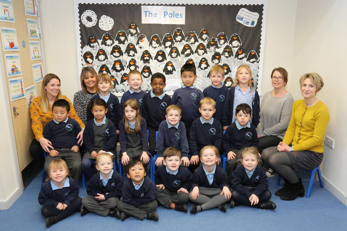 Reception children in Sweet Chestnuts class at Downlands Primary school in Blandford with TA's Lisa Culliford, Yasmine LeMay, Mel Lewis and teacher Rebekah Briggs-Davies.