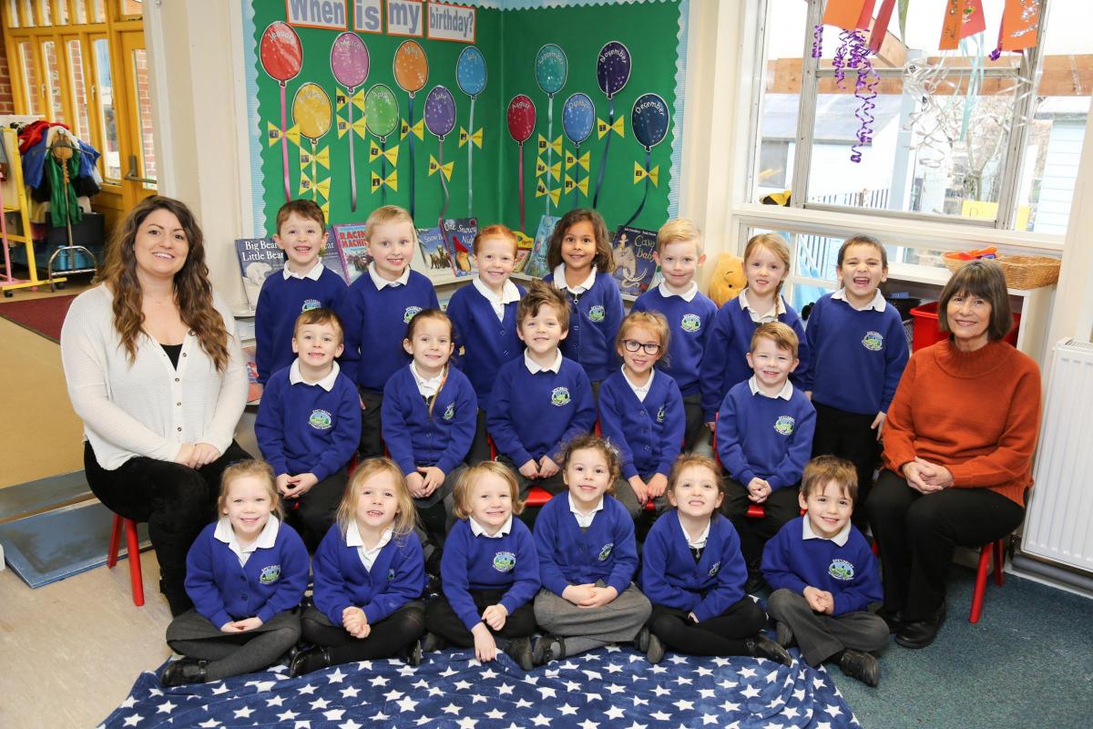 Reception children at Spetisbury Primary School with teacher Annie Pittman and TA Lindy Butler.