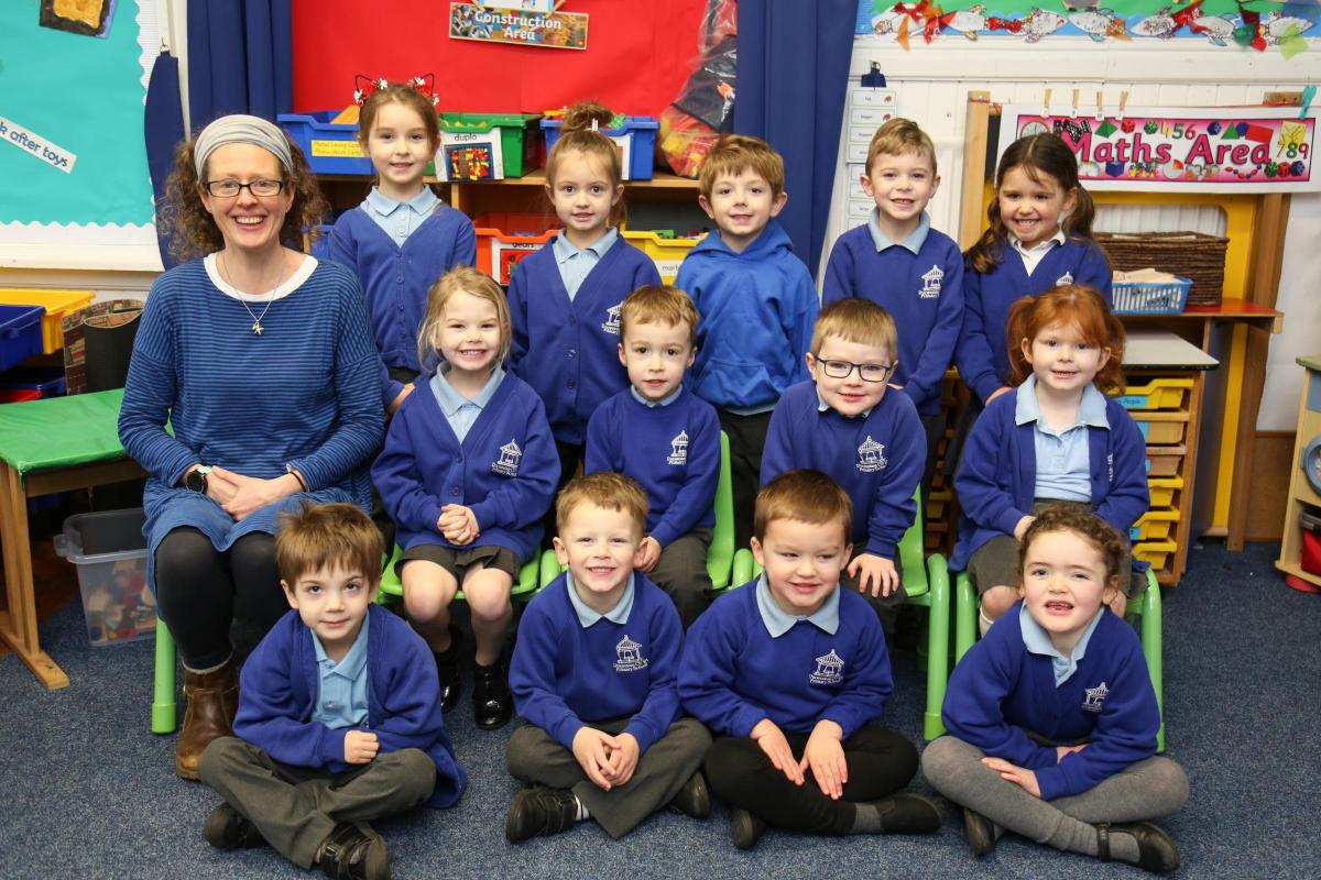 Reception children in Starfish class at Durweston CE Primary School with teacher Penny Horn.