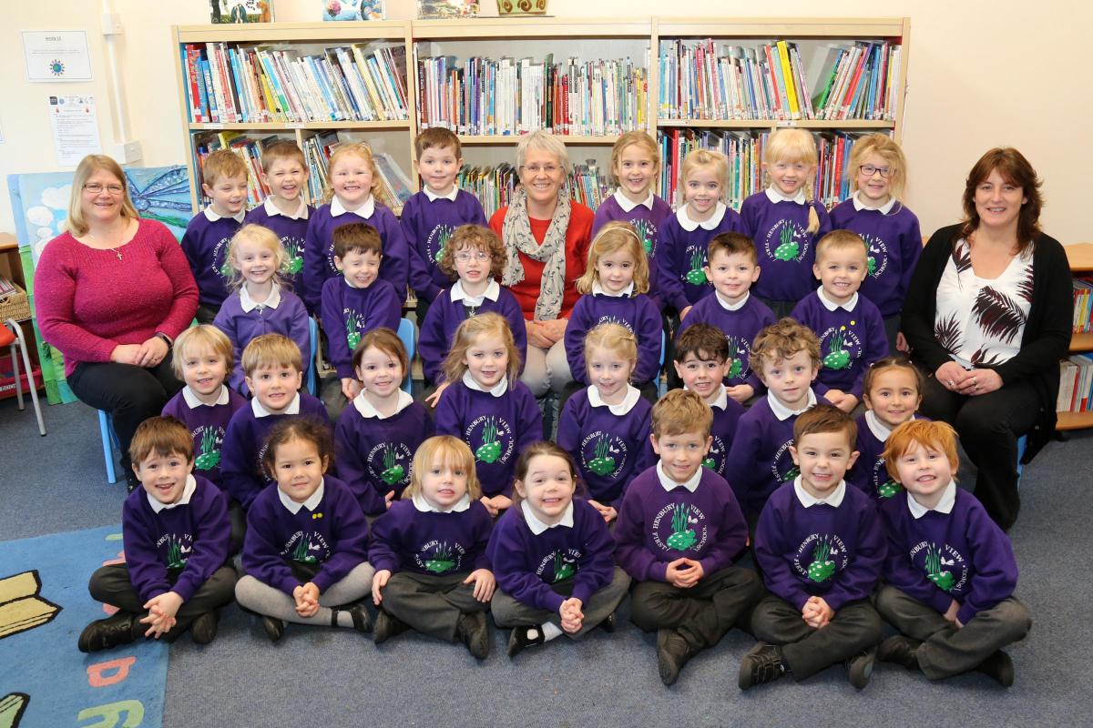 Reception children at Henbury View First School in Corfe Mullen with teacher Sue Lucas, centre, and TA's Wanda Taylor and Sharon Bargewell.