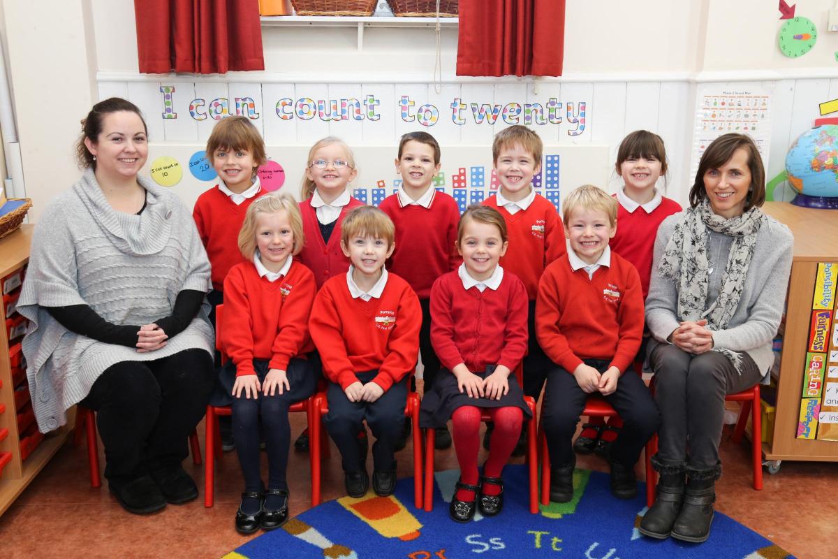 Reception children at Pamphill C of E First School with Tania Christopher and TA Jane Farrell.