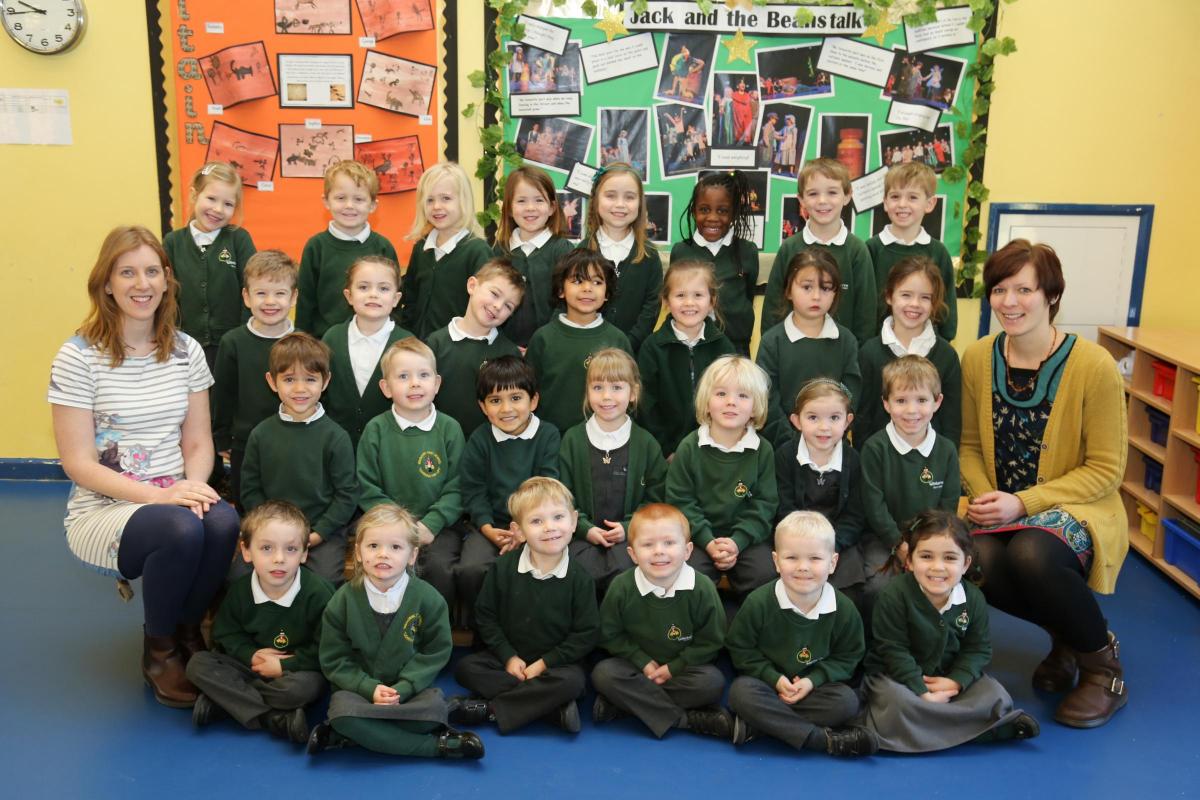Reception children in Hedgehogs class at Wimborne First School with teacher Kerry Hardman and TA Christine Gerlach.