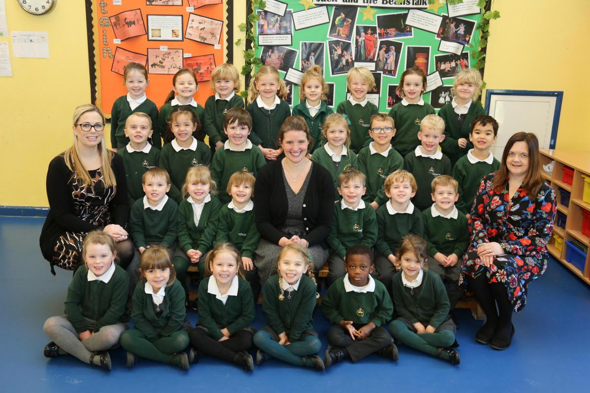 Reception children in Moles class at Wimborne First School with teacher Gayle Edwards, centre, and TA's Crystal Burton and Lisa Phillips.