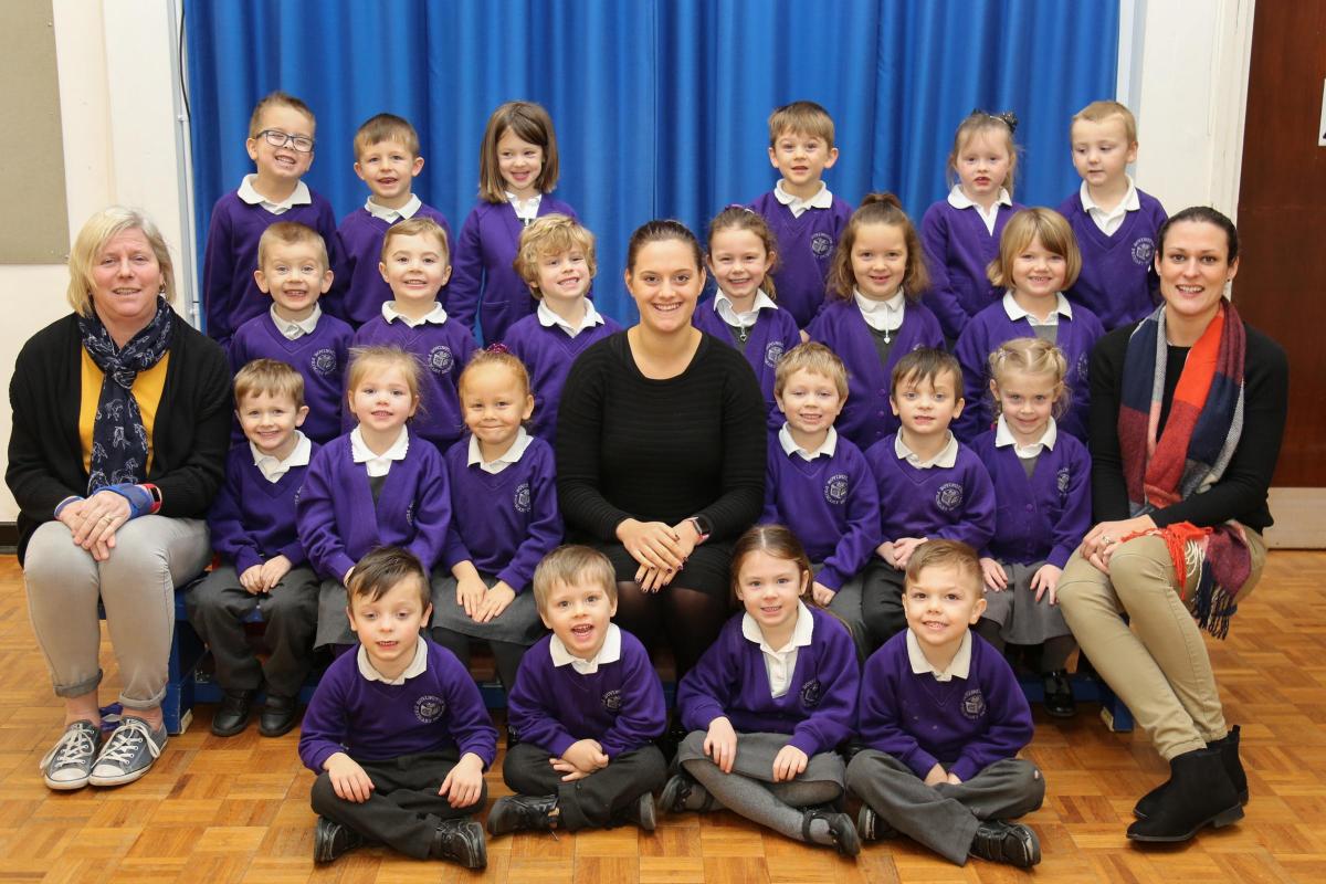 Reception children in Corfe class at Bovington Primary School with teacher Chloe Brown, centre, and TA's Helen Bartholomew and Rebecca Sumner.