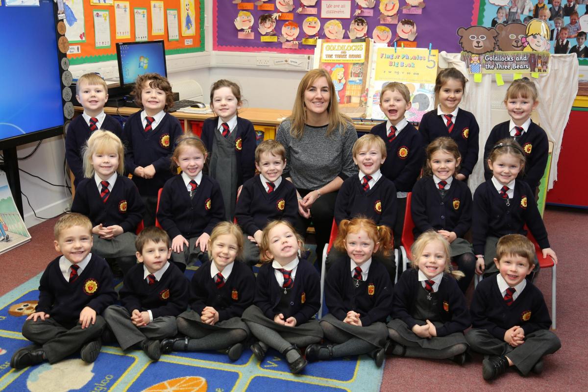 Reception children in Maple class at St Mary and St Joseph's Catholic Primary School in Wool with teacher Siobhan Webster.