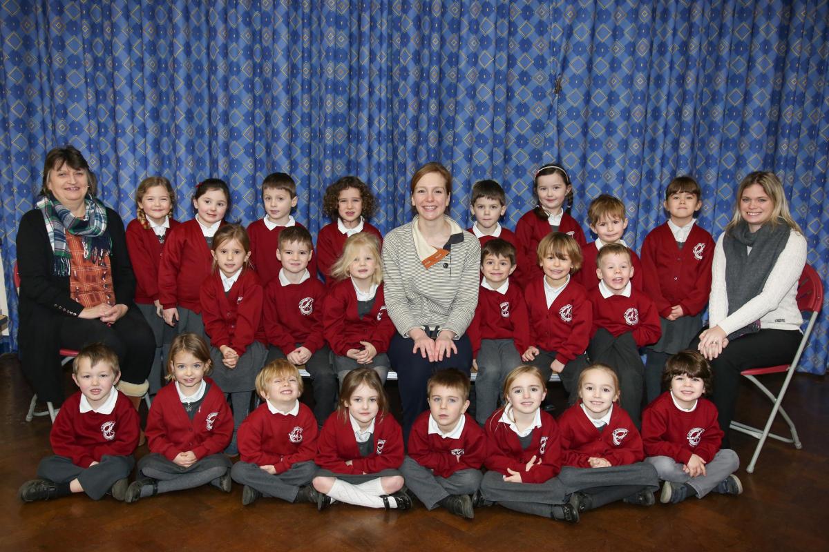 Reception children at St Nicholas C of E Primary school in Child Okeford with teacher Lisa Ireland, centre, and TA's Maggie Brewer and Lemara Benham.