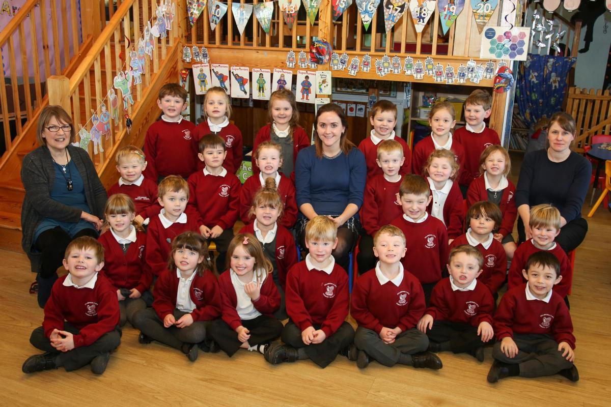 Reception children at Stalbridge C of E Primary School with teacher Lucy Jones, centre, and TA's Ellie Brookes and Vicky Matthews.