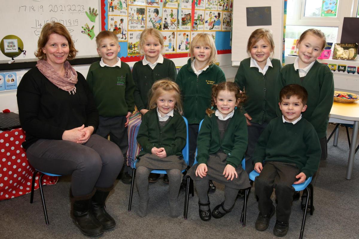 Reception children at St Gregory's C of E Primary School in Marnhull with teacher Claire Heasman.